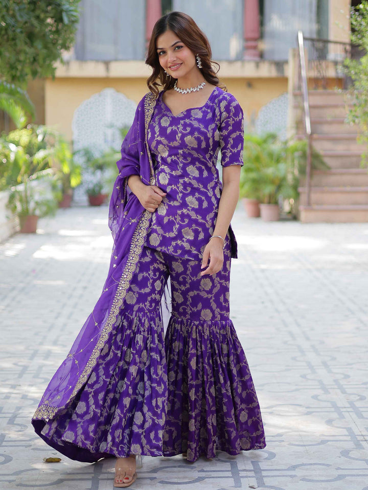 Purple jacquard sharara suit with exquisite weaving and georgette dupatta