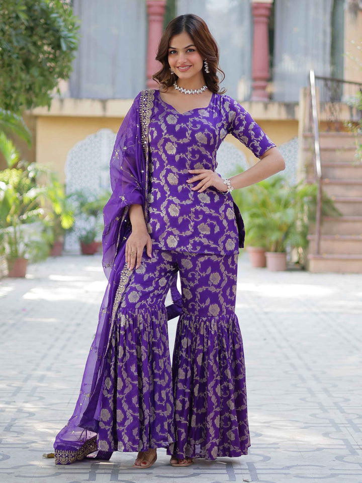 Comfortable and stylish purple jacquard sharara with elastic waist