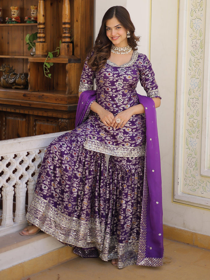Exquisite Tantalizing Purple Embroidered Jacquard Wedding Wear Sharara Suit with intricate detailing and elegant design
