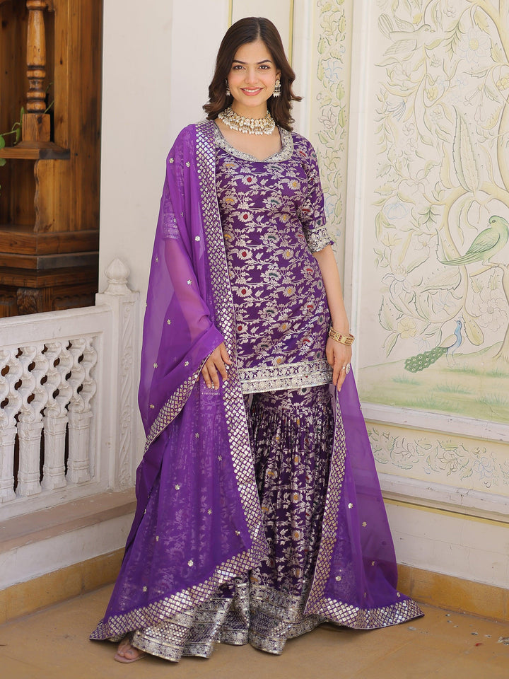Tantalizing Purple Embroidered Jacquard Wedding Wear Sharara Suit with Intricate Floral Details