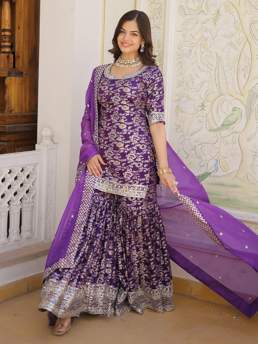 Tantalizing purple embroidered jacquard wedding wear sharara suit with intricate detailing