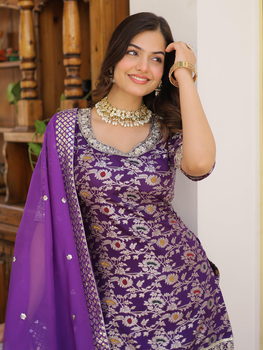 Tantalizing Purple Embroidered Jacquard Wedding Wear Sharara Suit with intricate detailing and elegant design