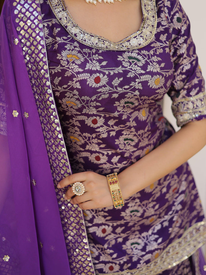Tantalizing Purple Embroidered Jacquard Wedding Wear Sharara Suit with intricate detailing and elegant design