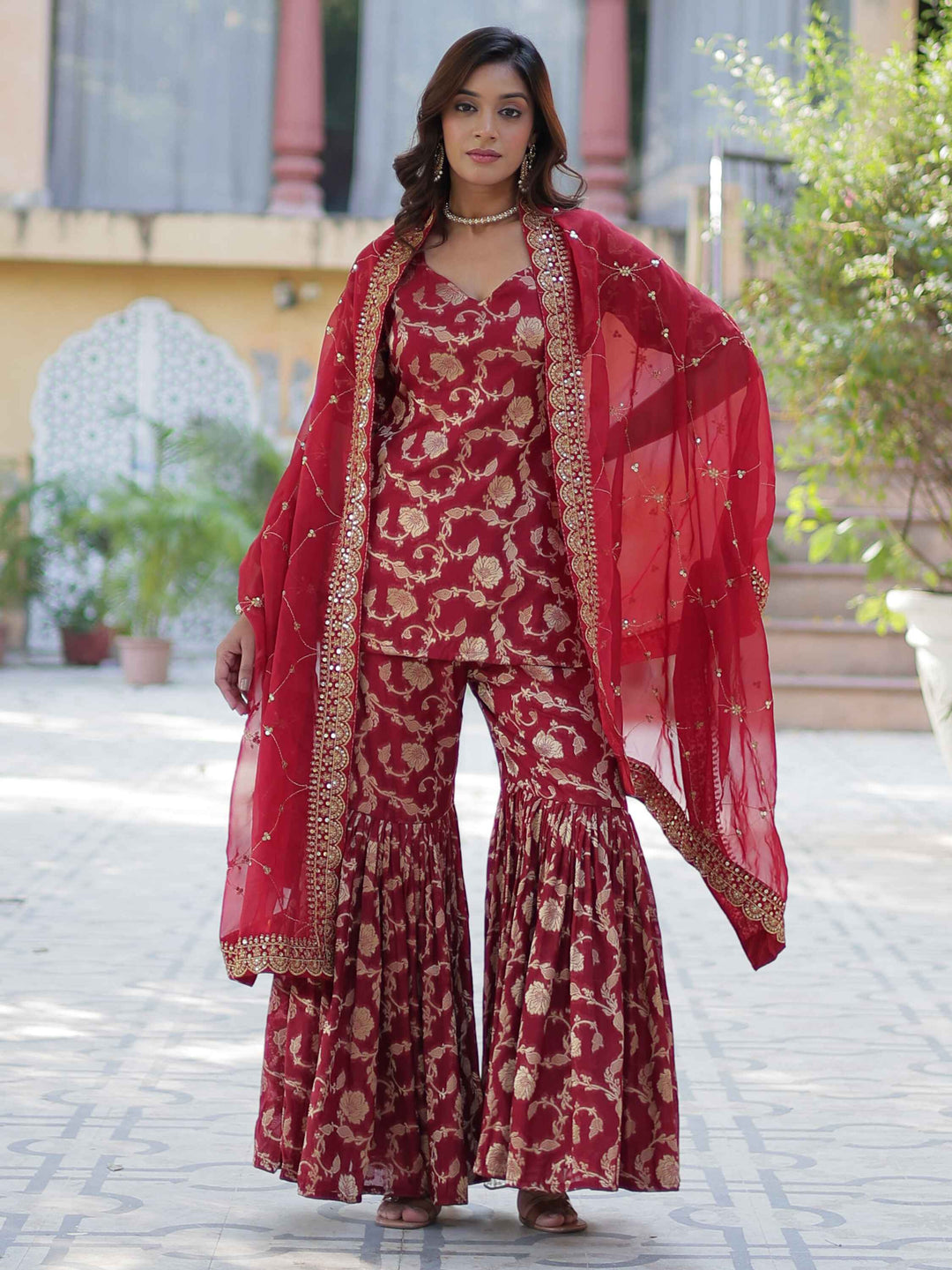 Glorious Maroon Weaving Jacquard Event Wear Sharara Suit with intricate detailing and elegant design