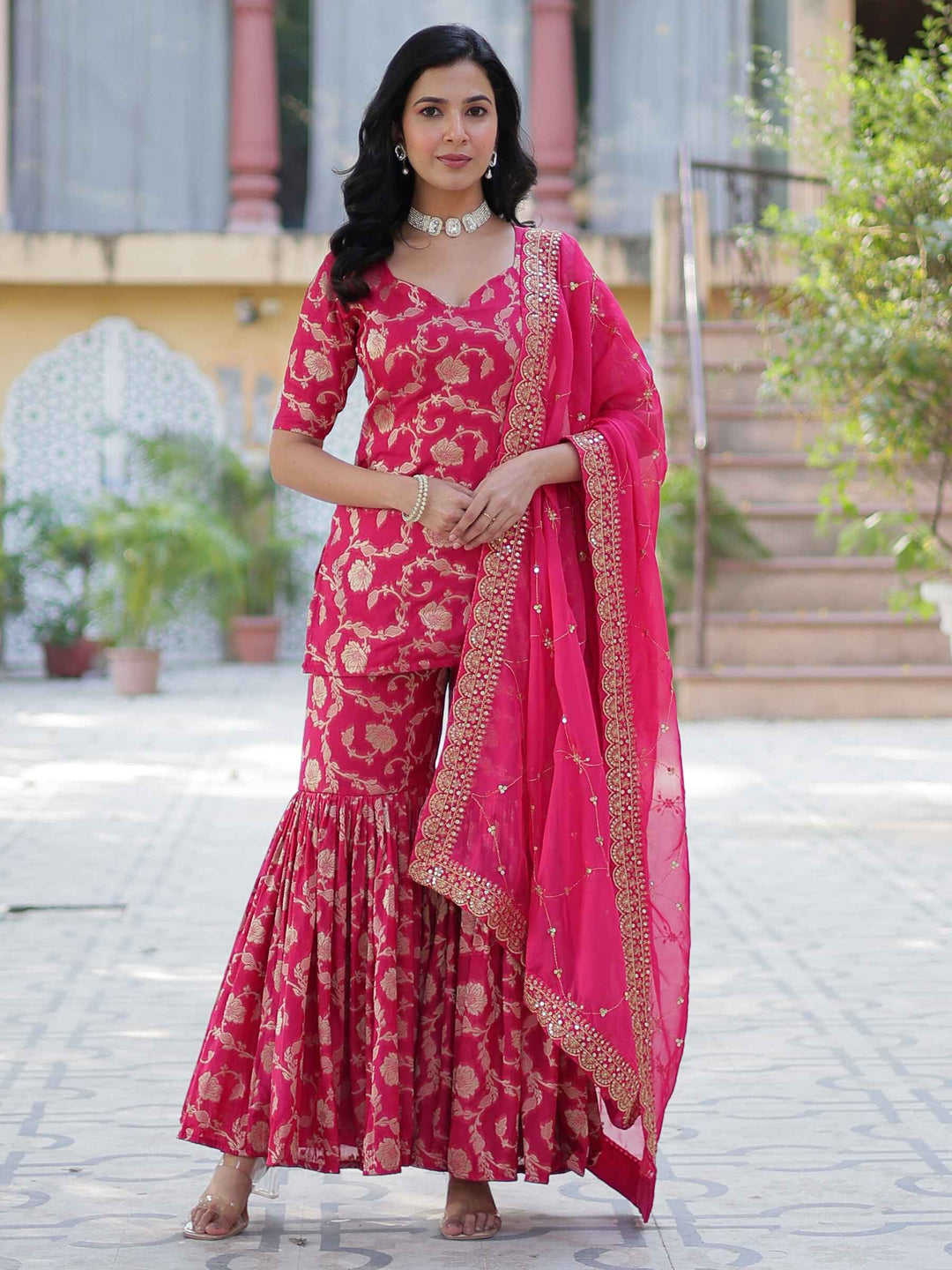 Incredible Pink Weaving Jacquard Festival Wear Sharara Suit with Intricate Embroidery Details