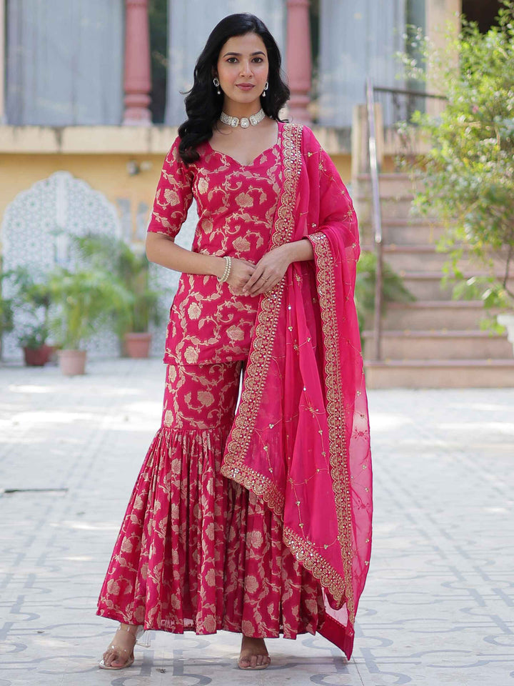 Incredible Pink Weaving Jacquard Festival Wear Sharara Suit for Women