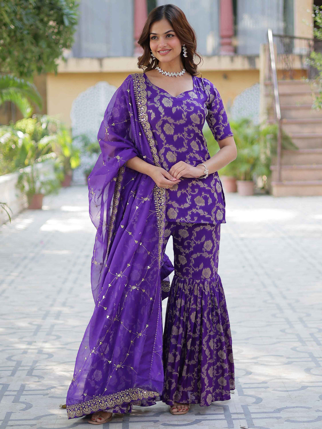 
Purple jacquard kurti with intricate weaving and soft cotton lining