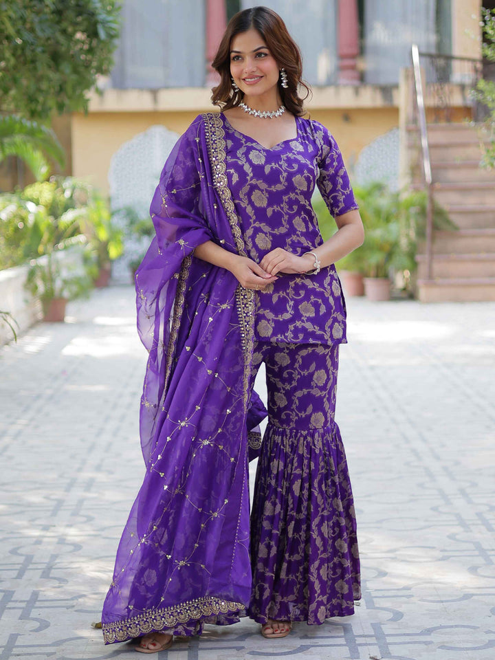 Purple jacquard sharara suit with intricate weaving and delicate sequin embellishments
