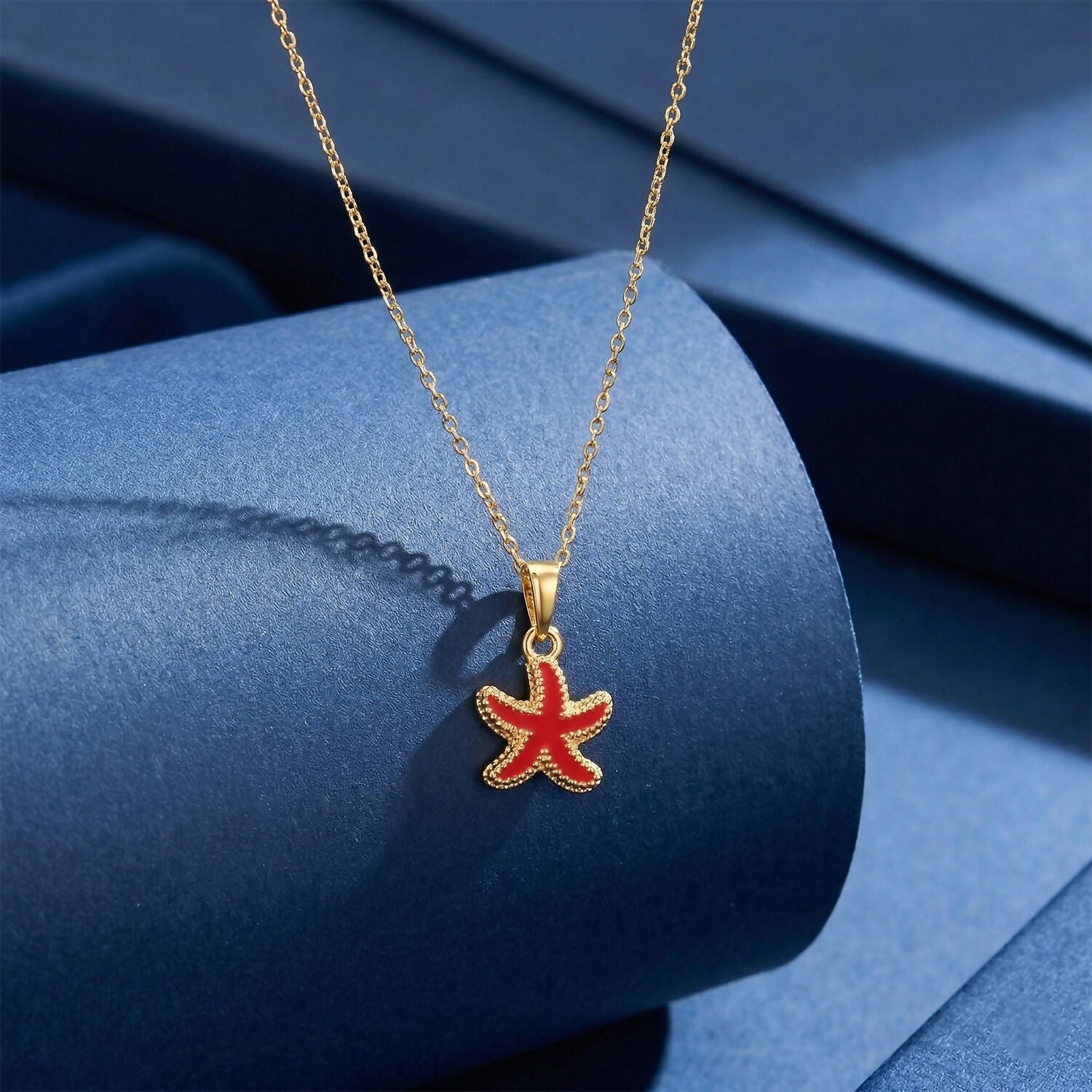 Cute Starfish Gold Pendant Necklace with Color Enamel