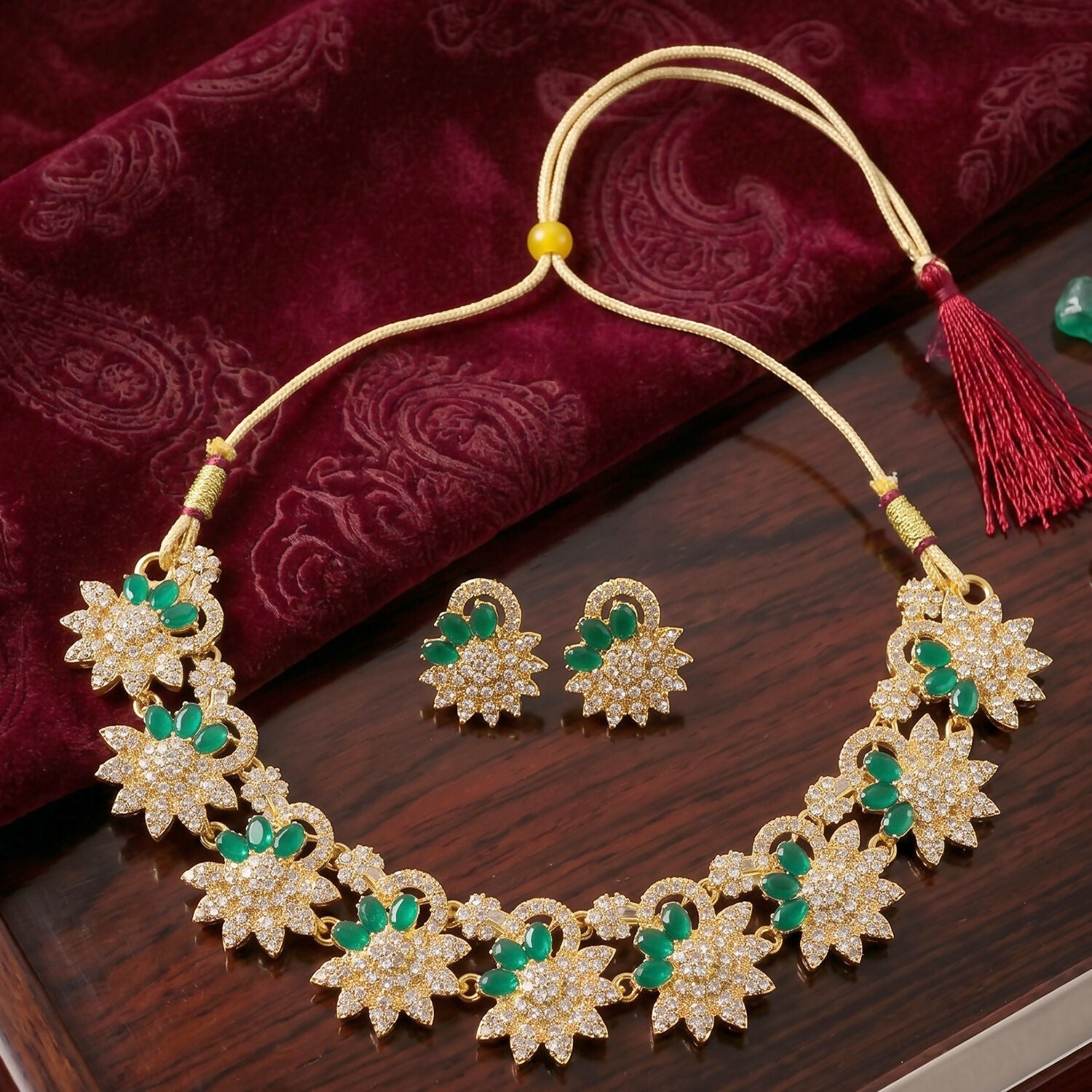 Elegant Gold Plated Necklace & Earrings Set with Green Stones