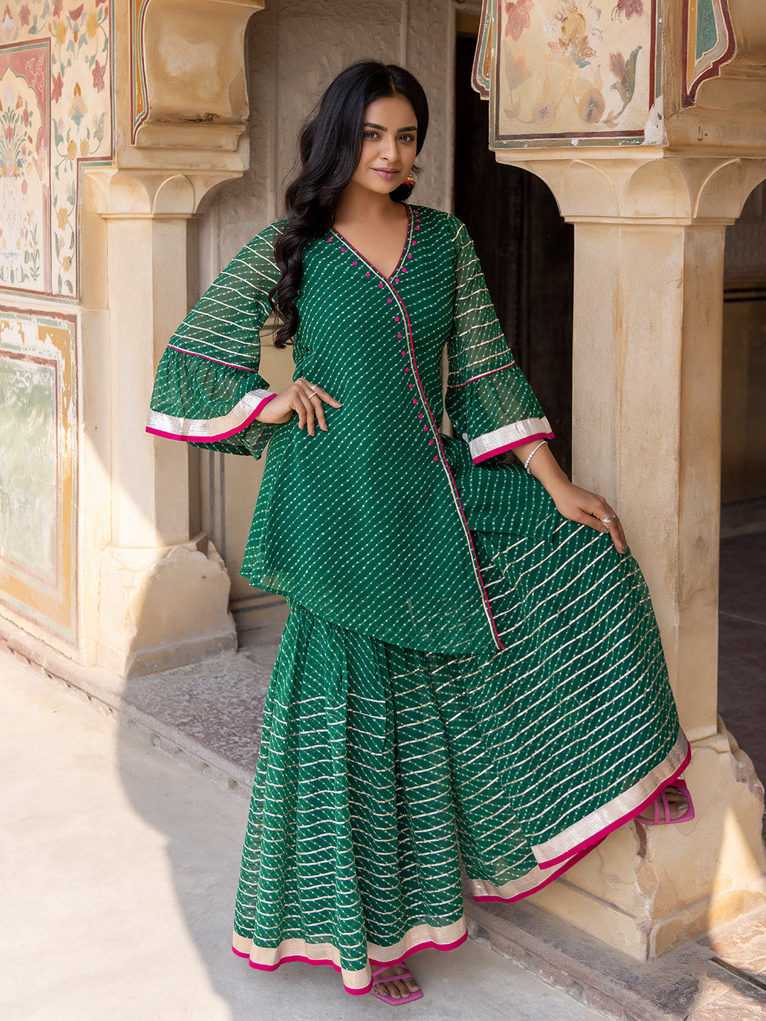 Lush Meadow Green Georgette Garara Set  - By Ragavi - qivii