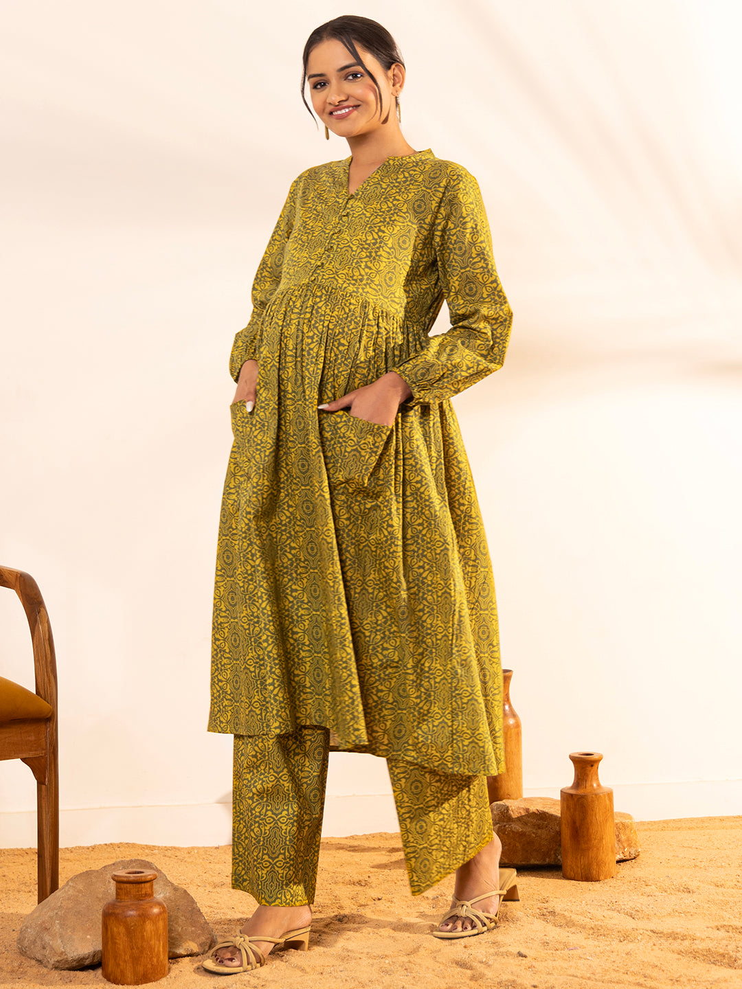 Olive Cotton Printed Gathered Maternity Kurta Set