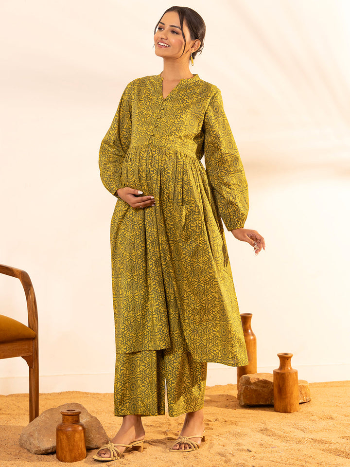 Olive Cotton Printed Gathered Maternity Kurta Set - qivii