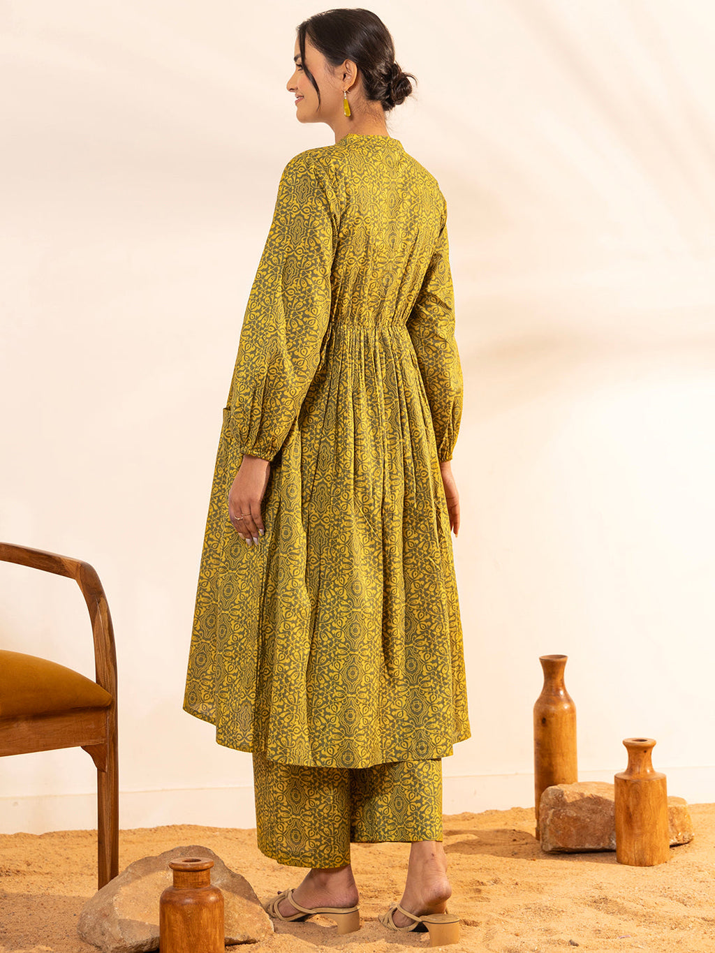 Olive Cotton Printed Gathered Maternity Kurta Set