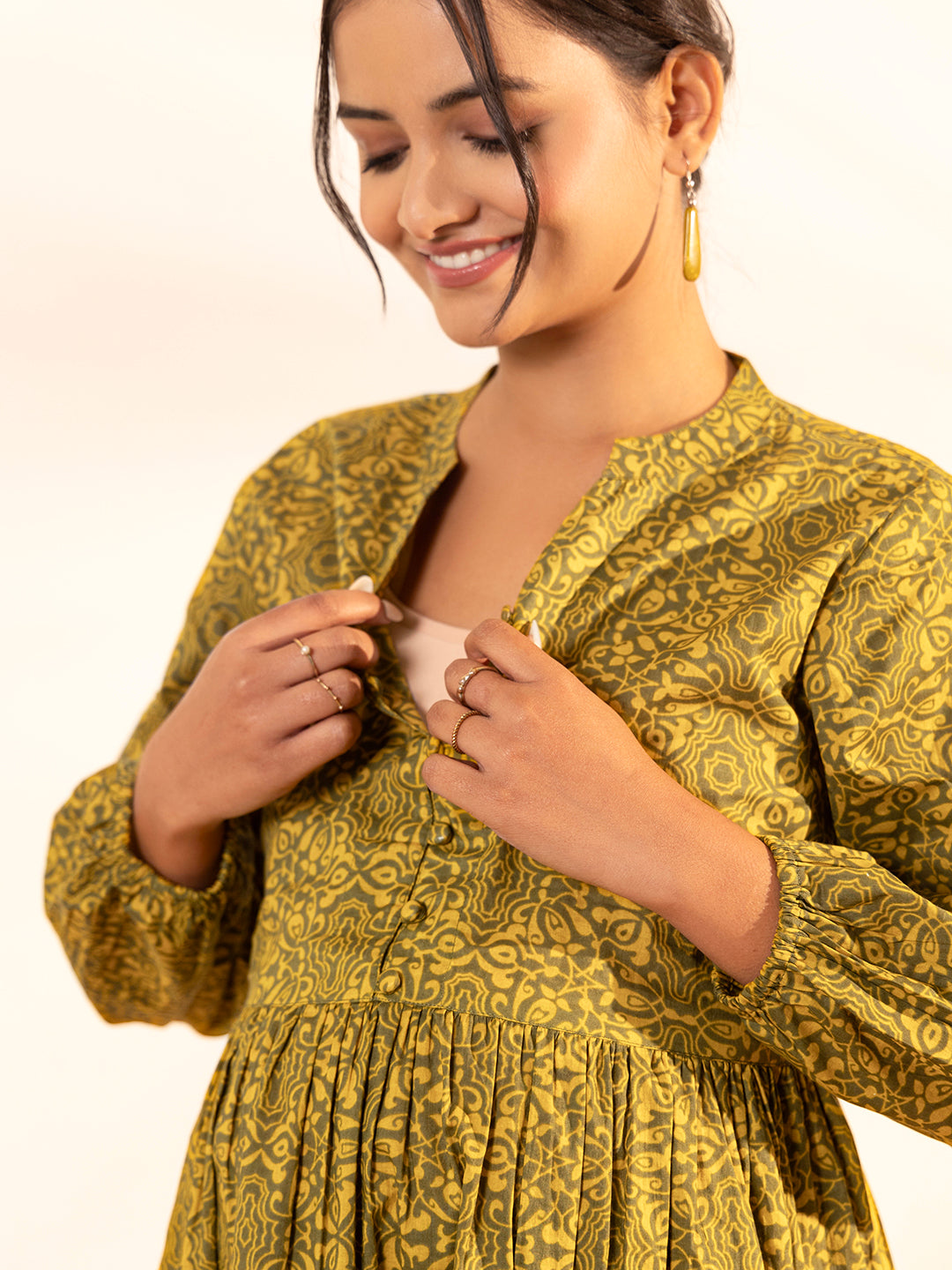 Olive Cotton Printed Gathered Maternity Kurta Set - qivii