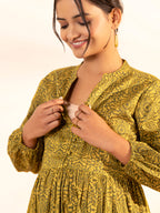 Olive Cotton Printed Gathered Maternity Kurta Set