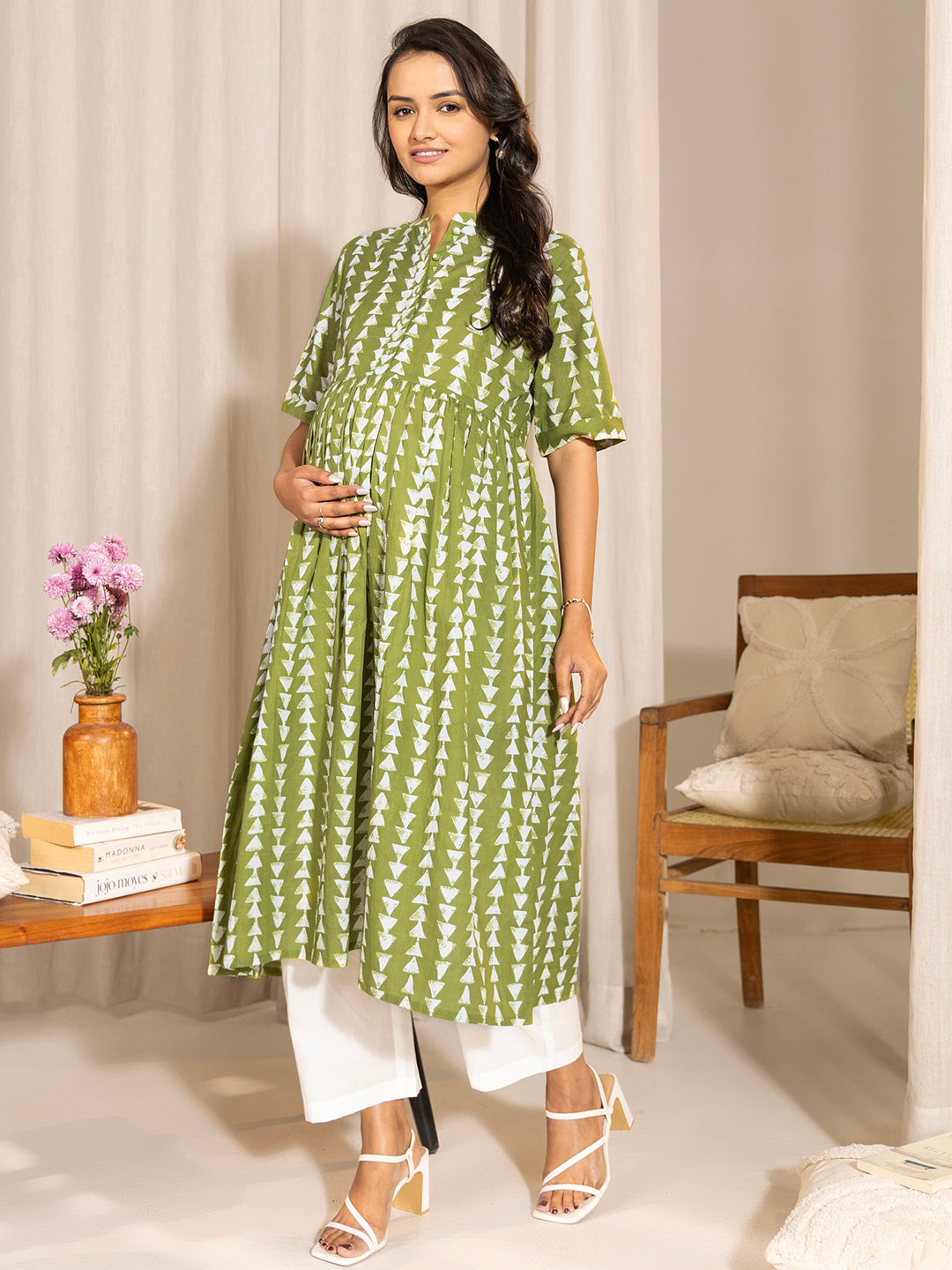 Green Cotton Block Printed Gathered Maternity Kurta - qivii