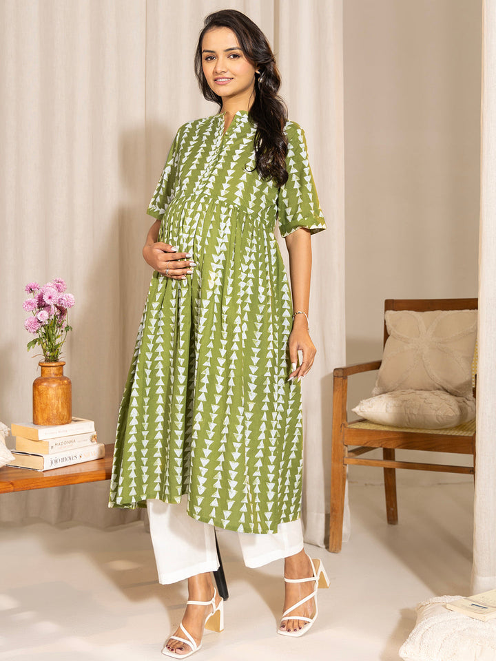 Green Cotton Block Printed Gathered Maternity Kurta - qivii