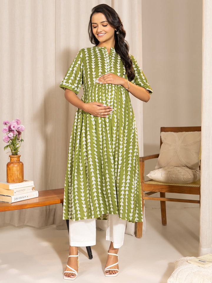 Green Cotton Block Printed Gathered Maternity Kurta - qivii