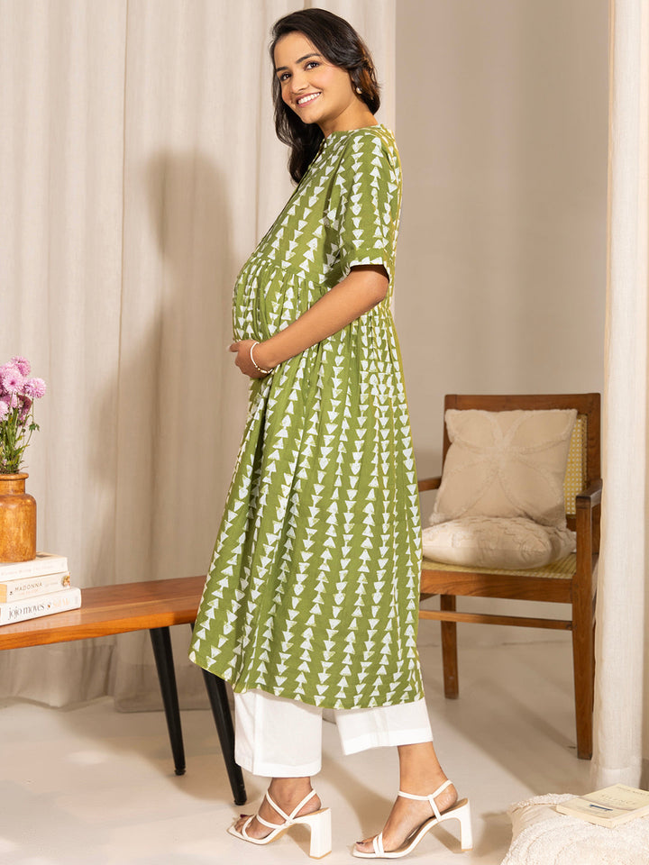 Green Cotton Block Printed Gathered Maternity Kurta - qivii