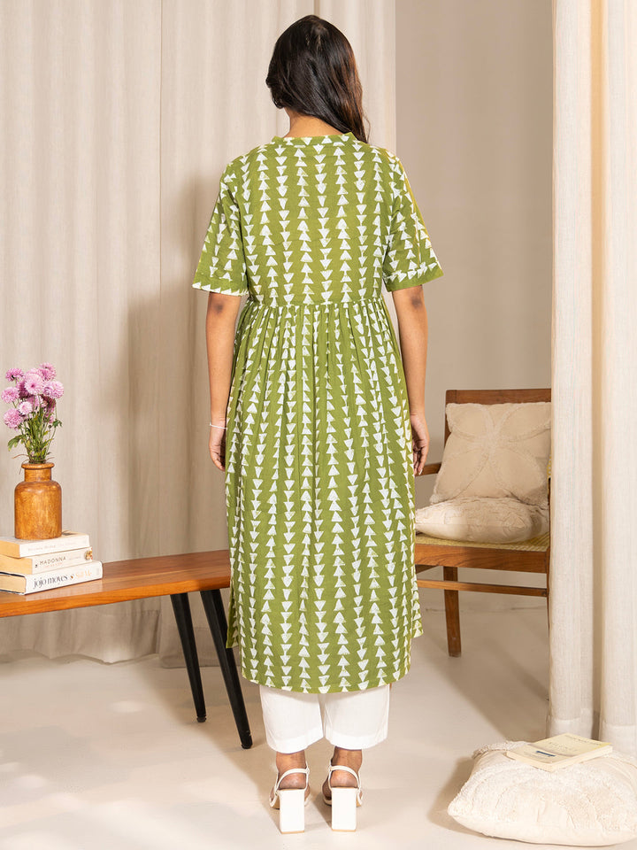 Green Cotton Block Printed Gathered Maternity Kurta - qivii