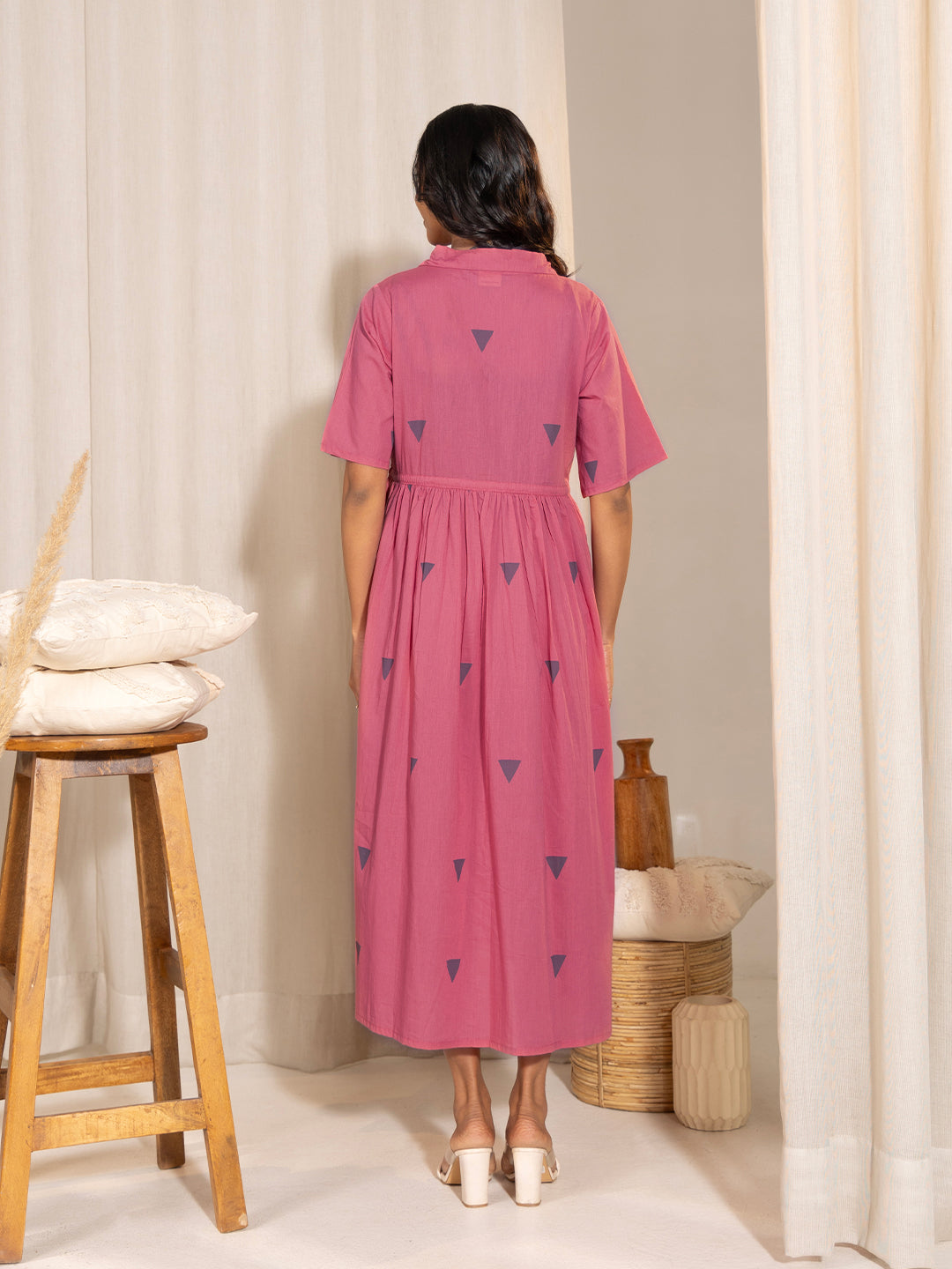 Pink Cotton Geometric Gathered Maternity Dress - qivii