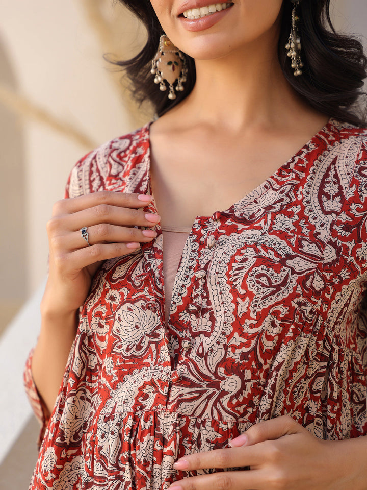 Maroon Pure Cotton Paisley Printed A-line Maternity Kurta Pant Set - qivii