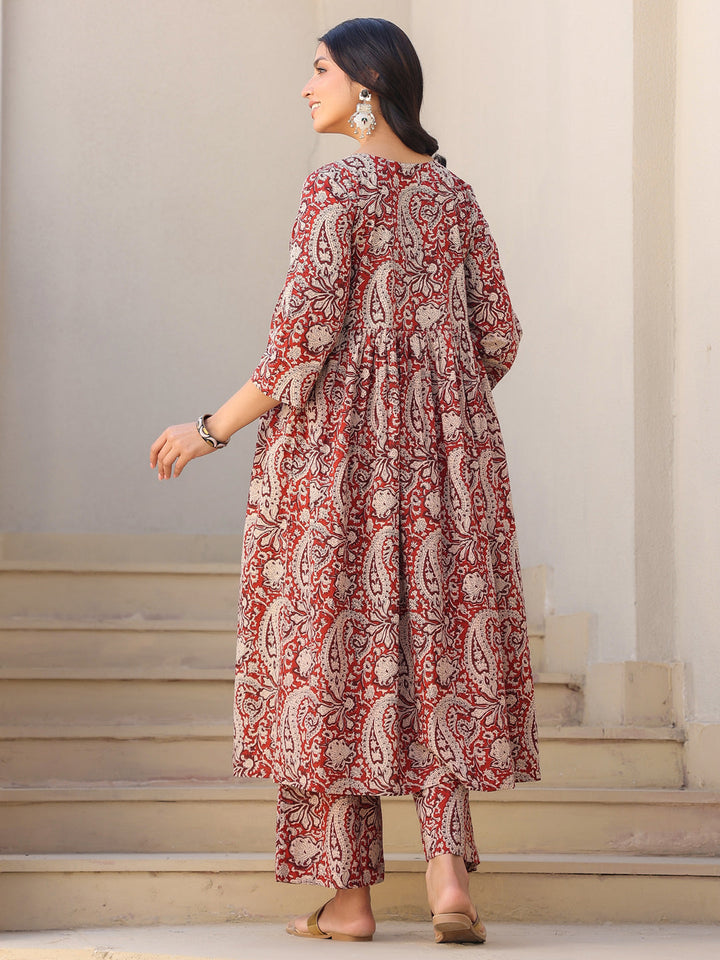 Maroon Pure Cotton Paisley Printed A-line Maternity Kurta Pant Set - qivii