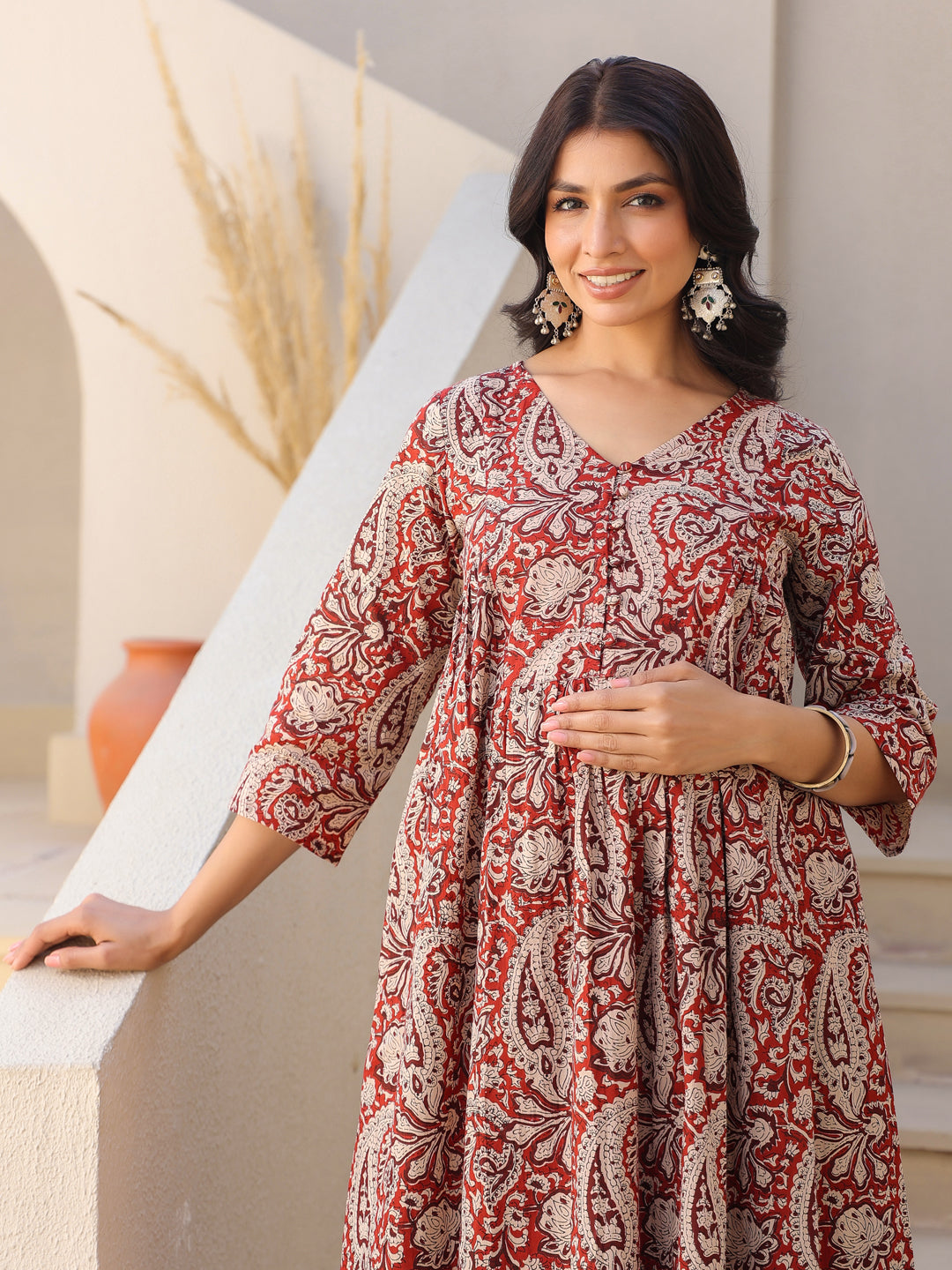 Maroon Pure Cotton Paisley Printed A-line Maternity Kurta Pant Set - qivii