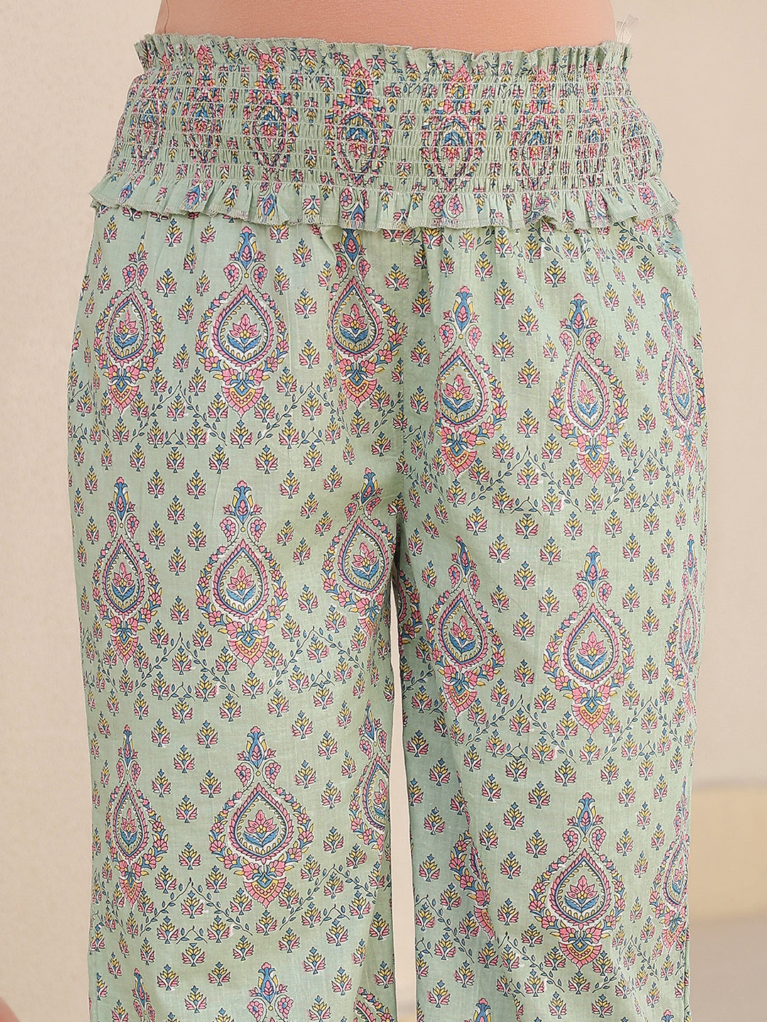 Light Green Pure Cotton Floral Printed A-line Maternity Kurta Pant Set - qivii