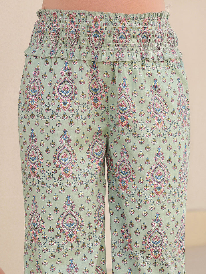 Light Green Pure Cotton Floral Printed A-line Maternity Kurta Pant Set - qivii
