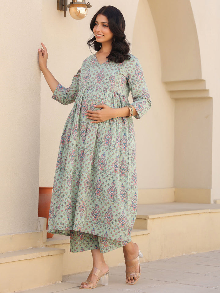 Light Green Pure Cotton Floral Printed A-line Maternity Kurta Pant Set - qivii