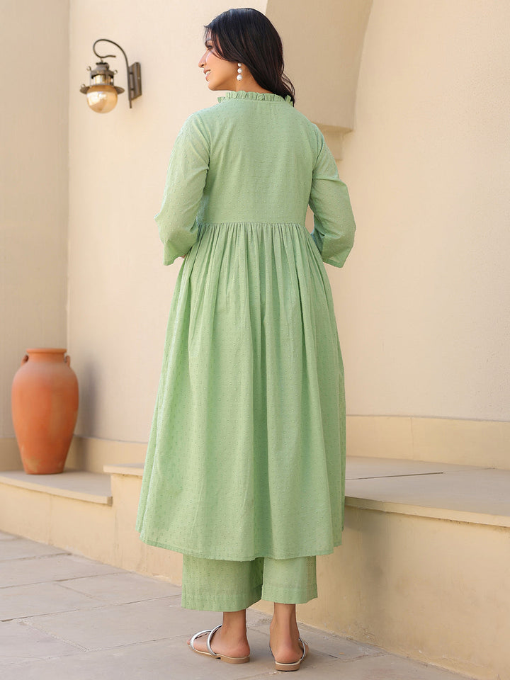 Green Dobby Pure Cotton Self Design A-line Maternity Kurta Pant Set - qivii