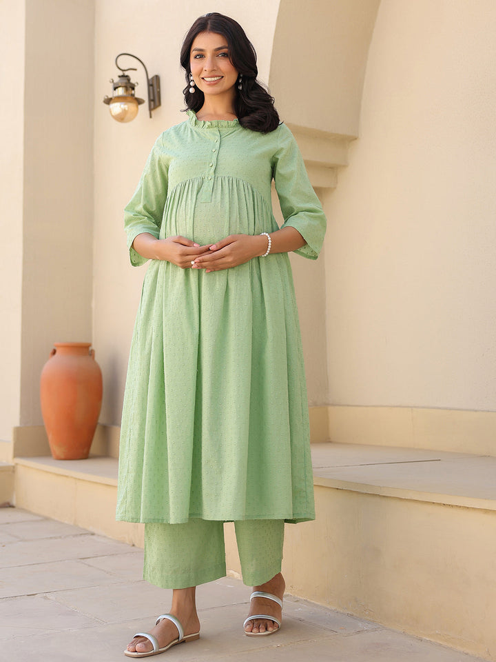 Green Dobby Pure Cotton Self Design A-line Maternity Kurta Pant Set - qivii
