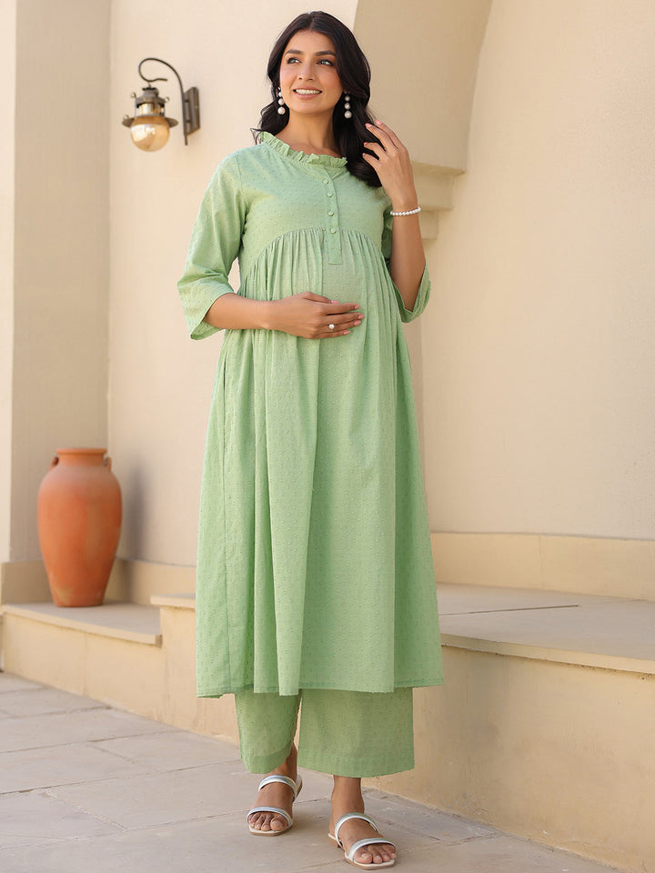 Green Dobby Pure Cotton Self Design A-line Maternity Kurta Pant Set - qivii