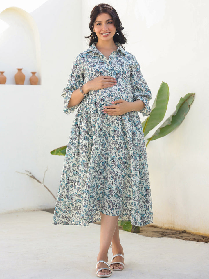 Off White Pure Cotton Floral Printed A-line Maternity Dress - qivii