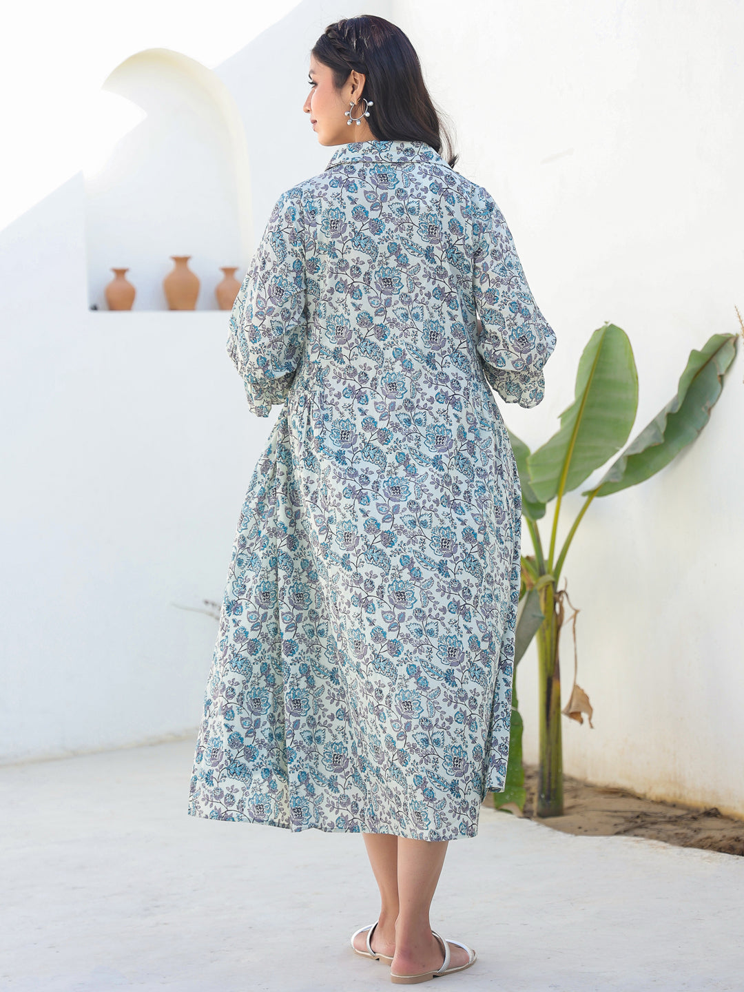 Off White Pure Cotton Floral Printed A-line Maternity Dress - qivii