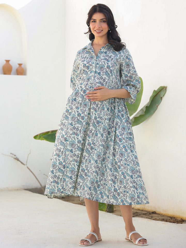 Off White Pure Cotton Floral Printed A-line Maternity Dress - qivii