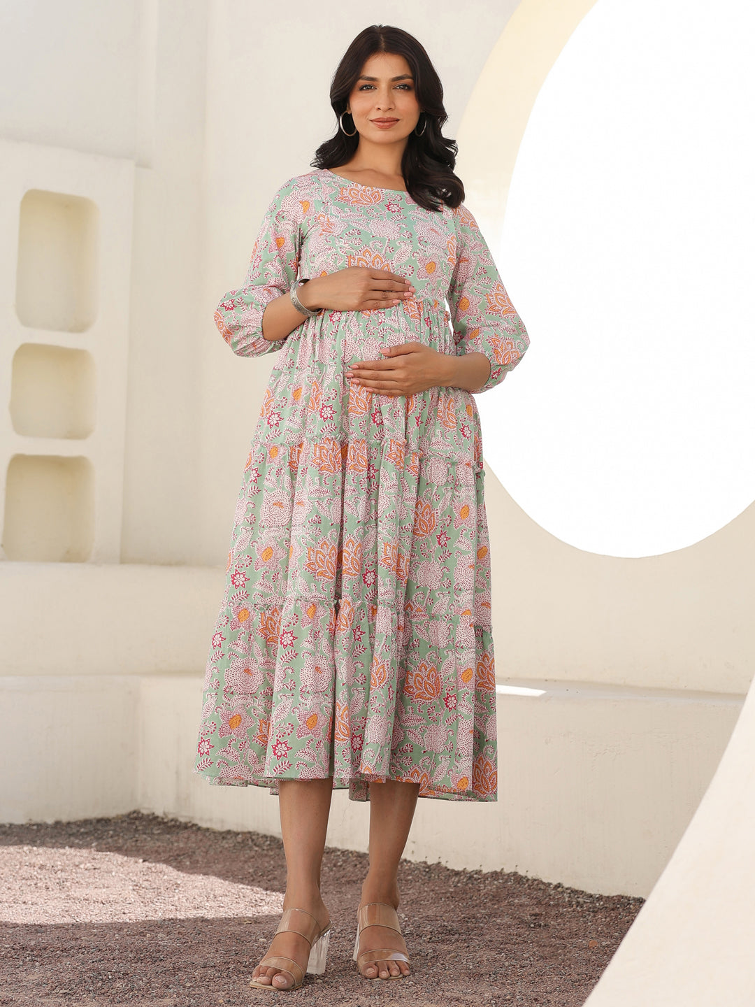 Light Green Pure Cotton Floral Printed Tiered Maternity Dress - qivii