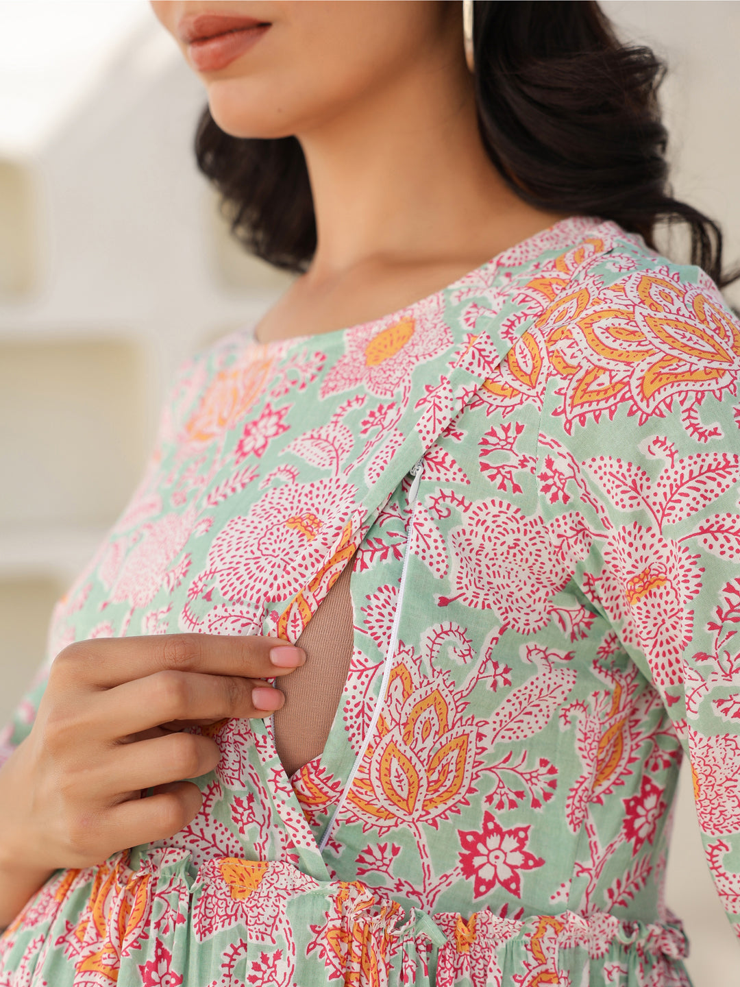 Light Green Pure Cotton Floral Printed Tiered Maternity Dress - qivii