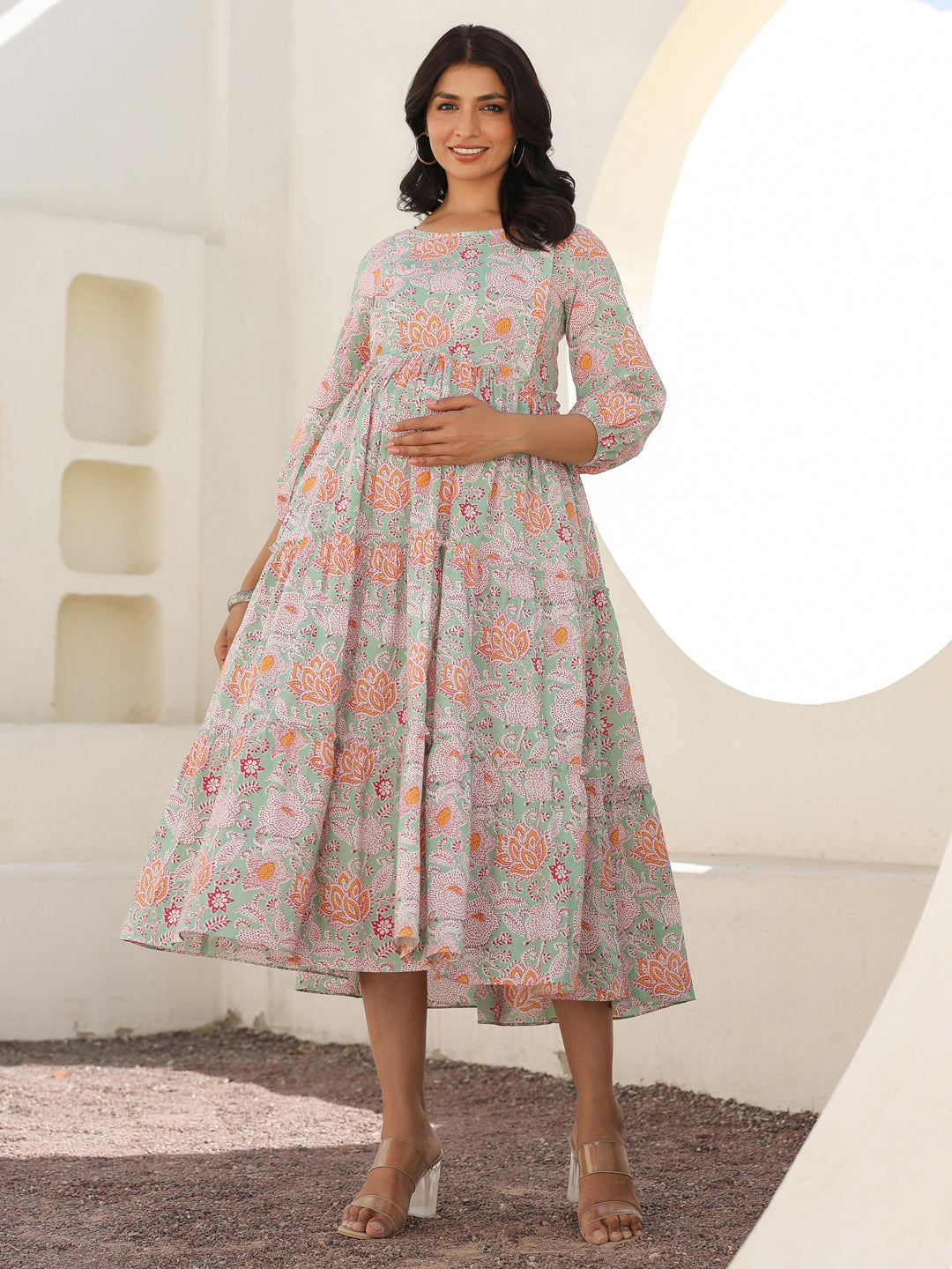 Light Green Pure Cotton Floral Printed Tiered Maternity Dress - qivii