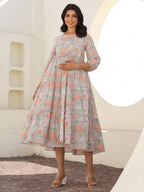 Light Green Pure Cotton Floral Printed Tiered Maternity Dress