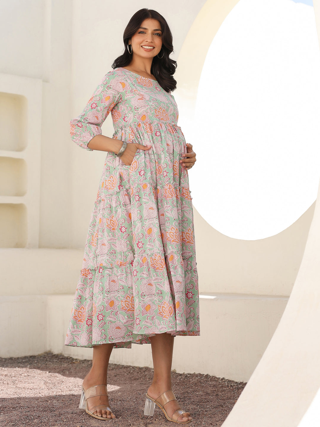Light Green Pure Cotton Floral Printed Tiered Maternity Dress - qivii