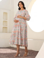Light Green Pure Cotton Floral Printed Tiered Maternity Dress