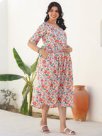 Peach Pure Cotton Floral Printed Fit & Flare Maternity Dress