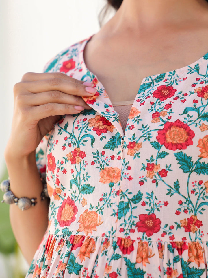 Peach Pure Cotton Floral Printed Fit & Flare Maternity Dress - qivii