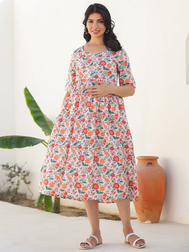 Peach Pure Cotton Floral Printed Fit & Flare Maternity Dress - qivii