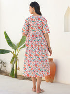 Peach Pure Cotton Floral Printed Fit & Flare Maternity Dress