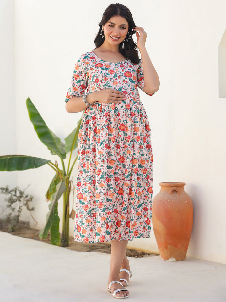 Peach Pure Cotton Floral Printed Fit & Flare Maternity Dress - qivii