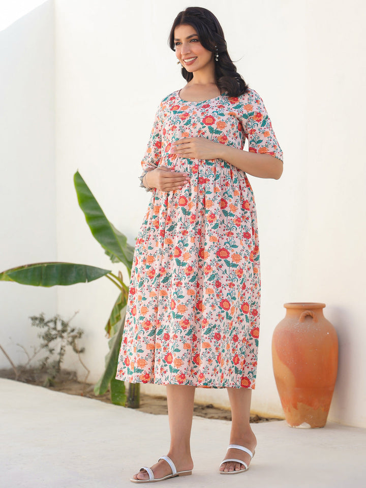 Peach Pure Cotton Floral Printed Fit & Flare Maternity Dress - qivii